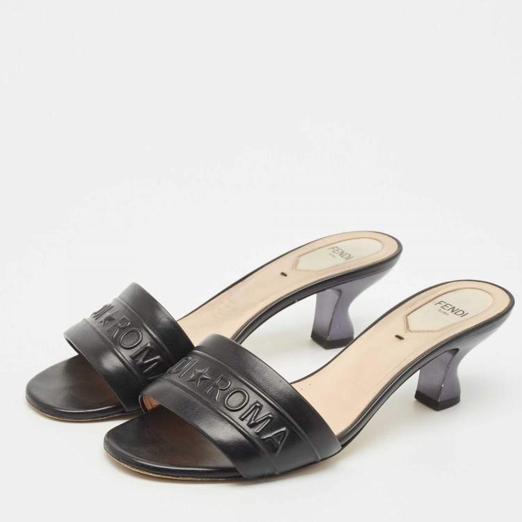 Pre Owned Fendi Black Leather Logo Slide Sandals Size 38