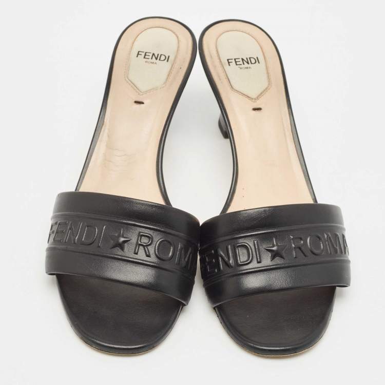 Pre Owned Fendi Black Leather Logo Slide Sandals Size 38