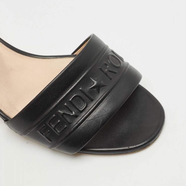 Pre Owned Fendi Black Leather Logo Slide Sandals Size 38