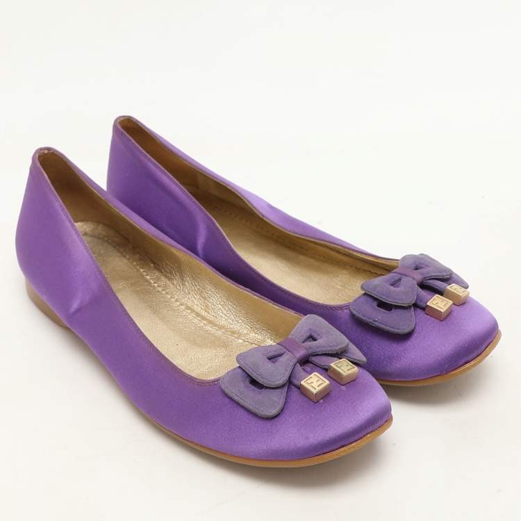 Pre Owned Fendi Purple Satin and Suede Embellished Ballet Flats Size 37
