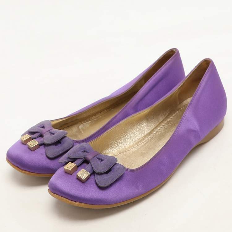 Pre Owned Fendi Purple Satin and Suede Embellished Ballet Flats Size 37
