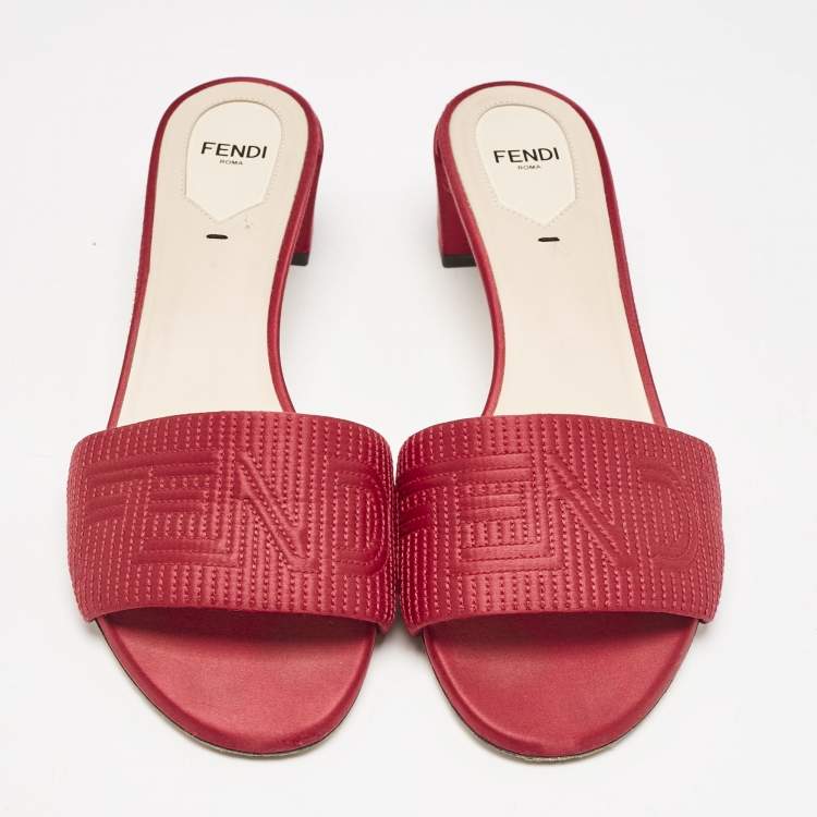 Pre Owned Fendi Red Satin Logo Embroidered Block Heel Slide Sandals Size 40