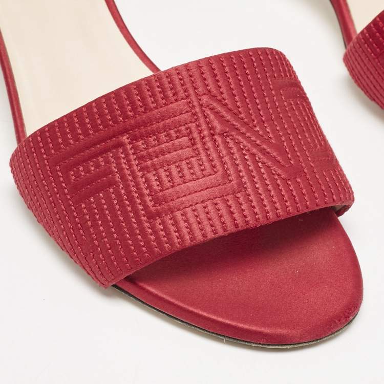 Pre Owned Fendi Red Satin Logo Embroidered Block Heel Slide Sandals Size 40