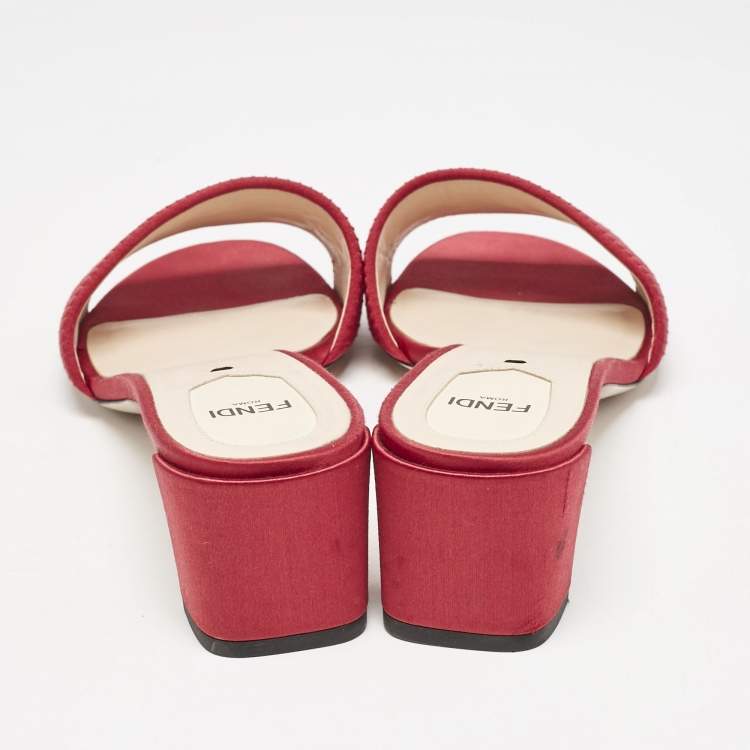 Pre Owned Fendi Red Satin Logo Embroidered Block Heel Slide Sandals Size 40