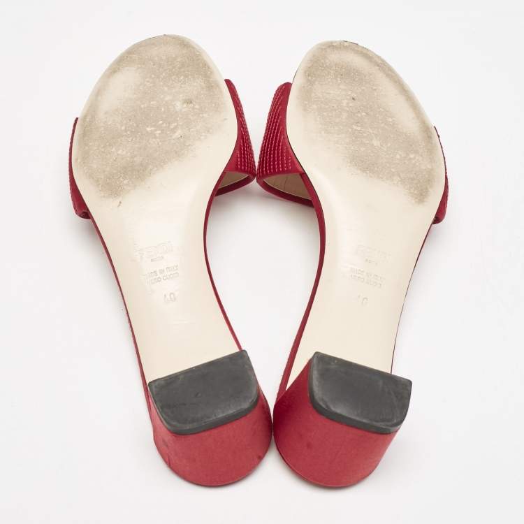 Pre Owned Fendi Red Satin Logo Embroidered Block Heel Slide Sandals Size 40
