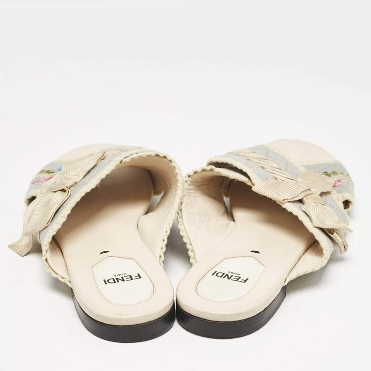 Pre Owned Fendi Blue Embroidered Fabric Crisscross Bow Flat Slides Size 37.5 
