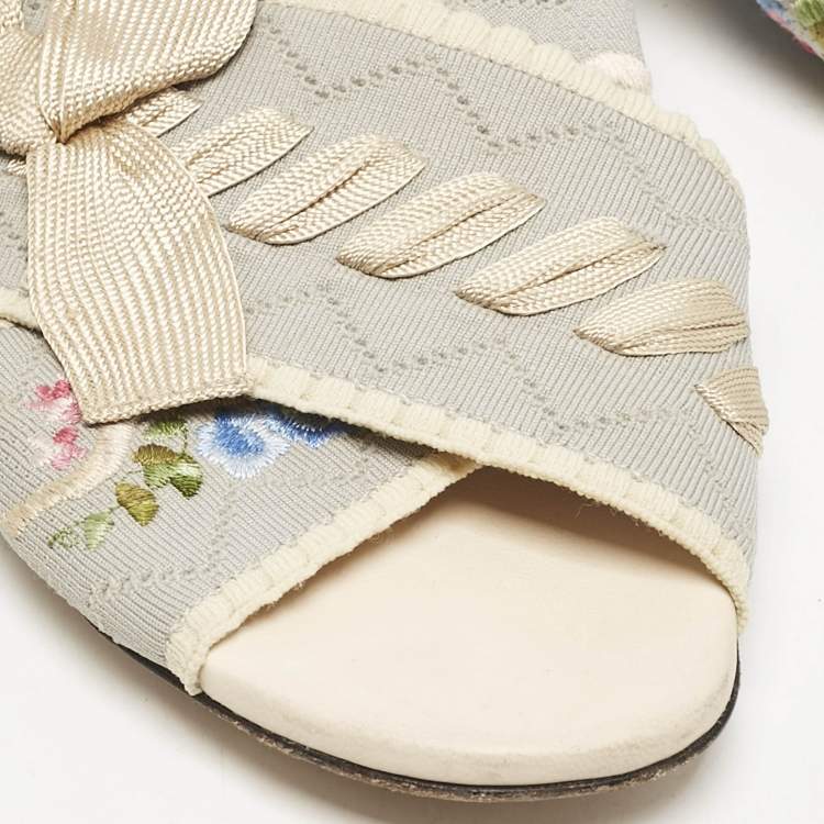 Pre Owned Fendi Blue Embroidered Fabric Crisscross Bow Flat Slides Size 37.5 