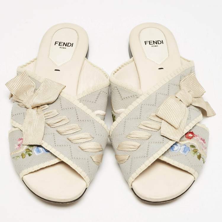 Pre Owned Fendi Blue Embroidered Fabric Crisscross Bow Flat Slides Size 37.5 