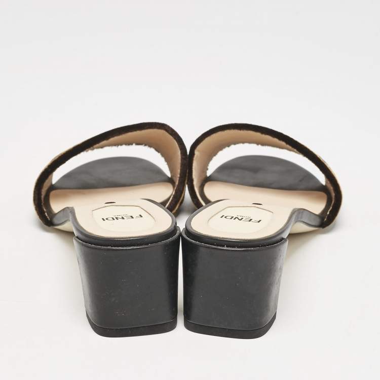 Pre Owned Fendi Black/Brown Zucca Velvet Slide Sandals Size 39