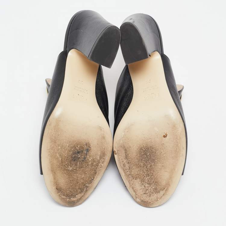 Pre Owned Fendi Black Leather F Logo Heel Mules Size 38