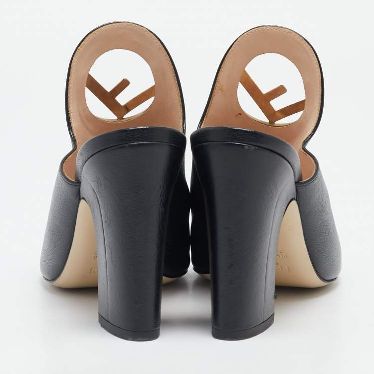 Pre Owned Fendi Black Leather F Logo Heel Mules Size 38
