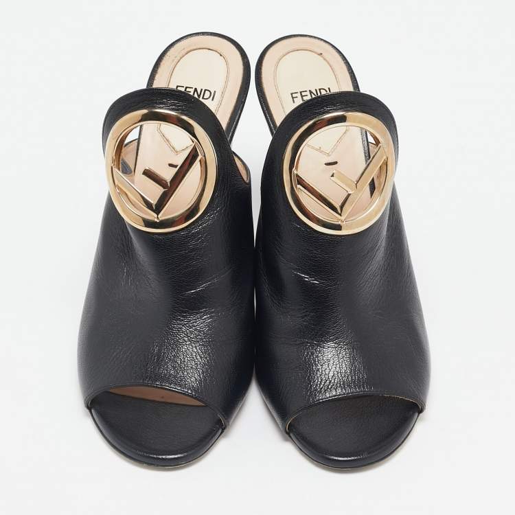 Pre Owned Fendi Black Leather F Logo Heel Mules Size 38