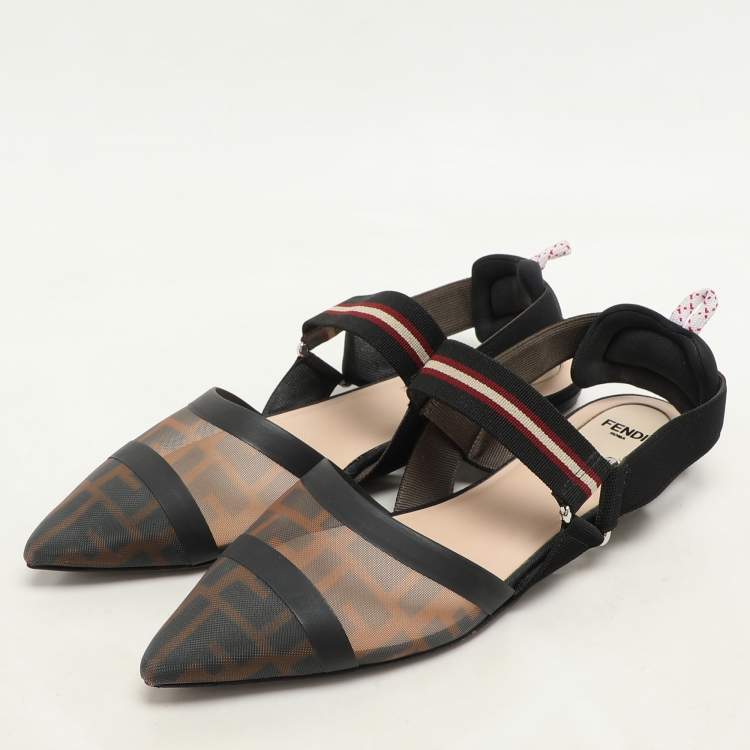 Pre Owned Fendi Black/Brown Zucca Mesh and Fabric Colibri Slingback Flats Size 40