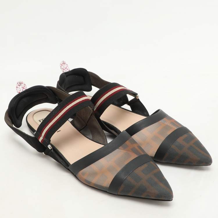 Pre Owned Fendi Black/Brown Zucca Mesh and Fabric Colibri Slingback Flats Size 40