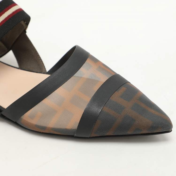Pre Owned Fendi Black/Brown Zucca Mesh and Fabric Colibri Slingback Flats Size 40
