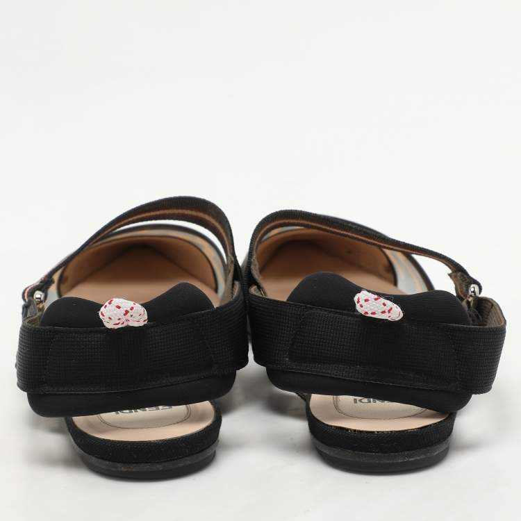Pre Owned Fendi Black/Brown Zucca Mesh and Fabric Colibri Slingback Flats Size 40