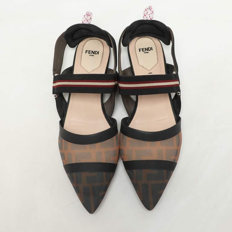 Pre Owned Fendi Black/Brown Zucca Mesh and Fabric Colibri Slingback Flats Size 40