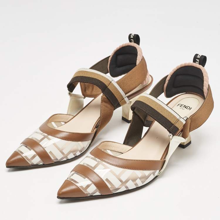Pre Owned Fendi Brown/White Zucca PVC, Leather and Fabric Colibri Slingback Pumps Size 38