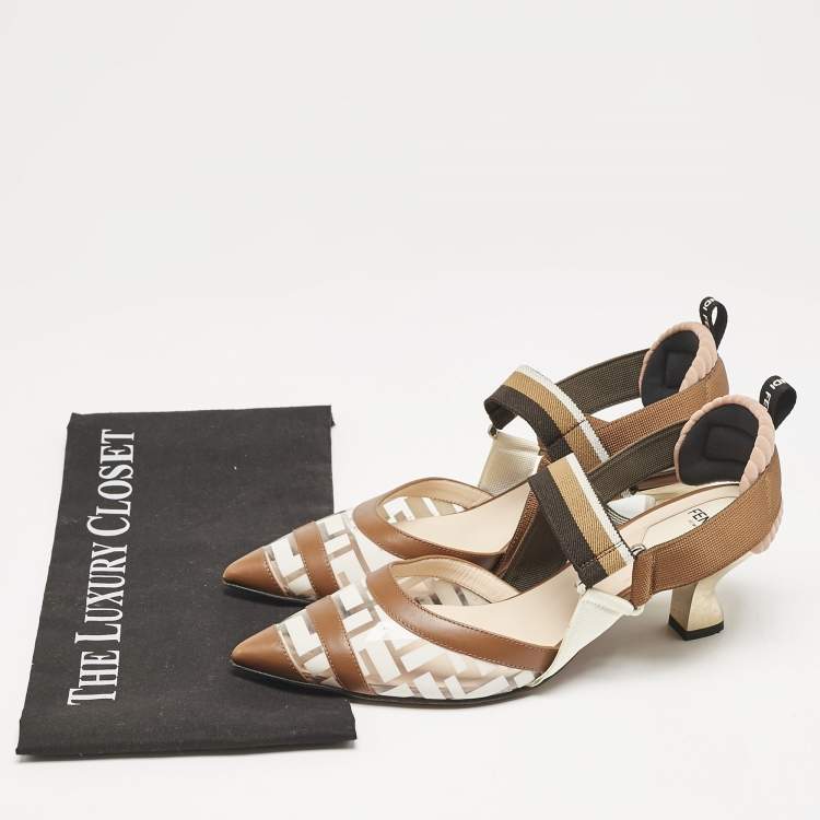 Pre Owned Fendi Brown/White Zucca PVC, Leather and Fabric Colibri Slingback Pumps Size 38