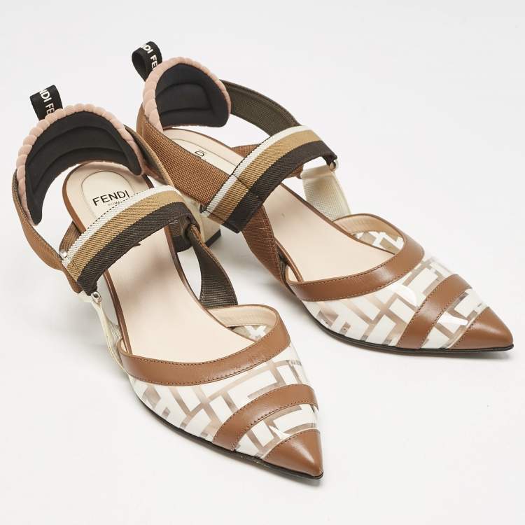 Pre Owned Fendi Brown/White Zucca PVC, Leather and Fabric Colibri Slingback Pumps Size 38