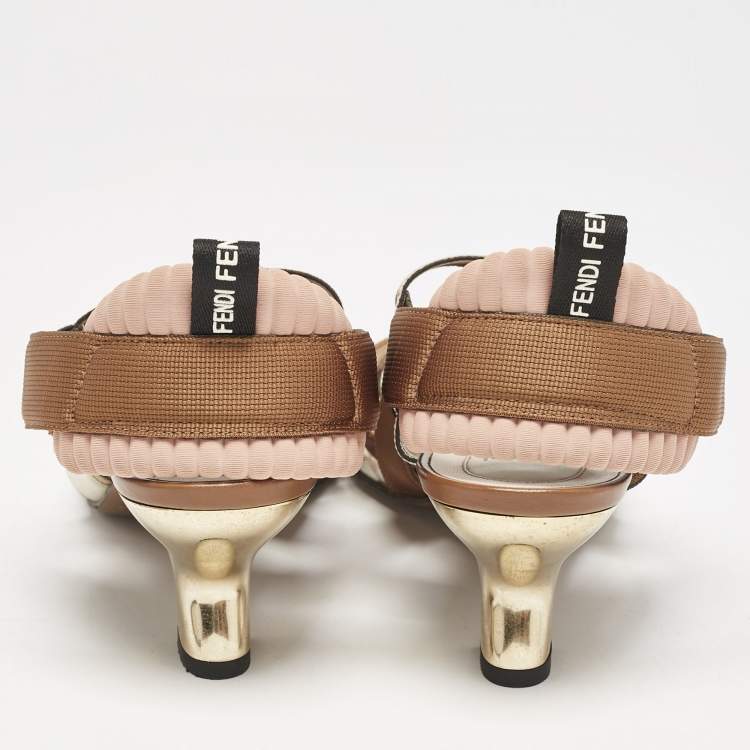 Pre Owned Fendi Brown/White Zucca PVC, Leather and Fabric Colibri Slingback Pumps Size 38