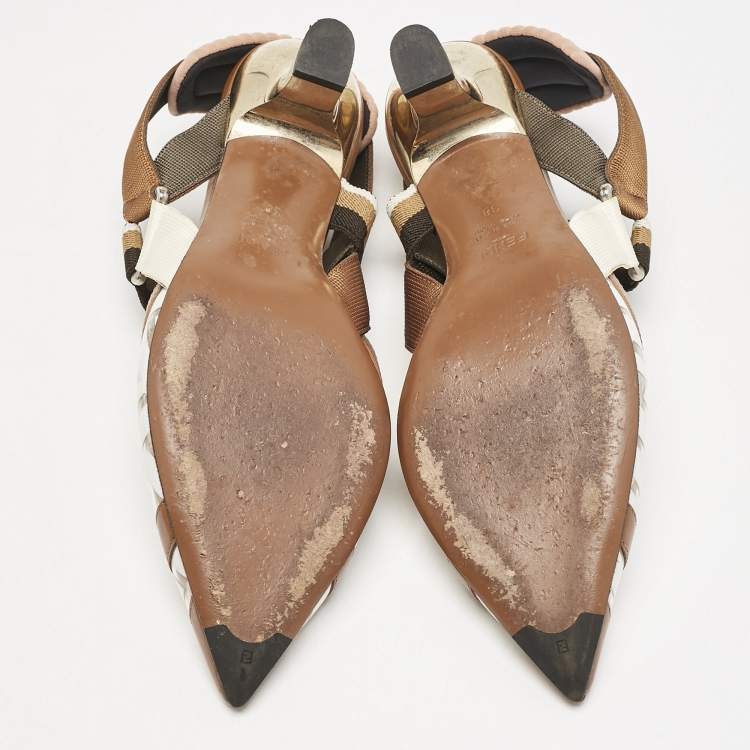 Pre Owned Fendi Brown/White Zucca PVC, Leather and Fabric Colibri Slingback Pumps Size 38