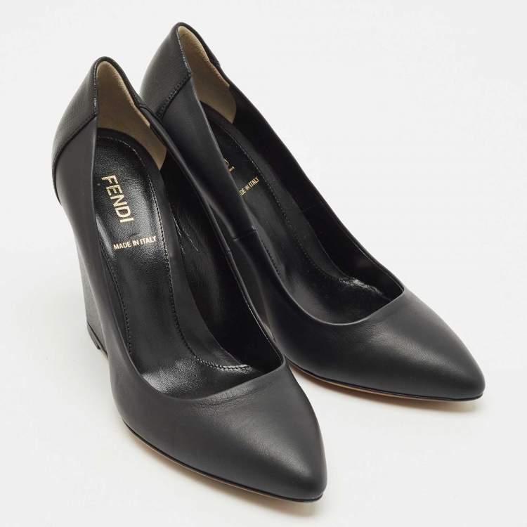 Pre Owned Fendi Black Leather Wedge Pumps Size 36