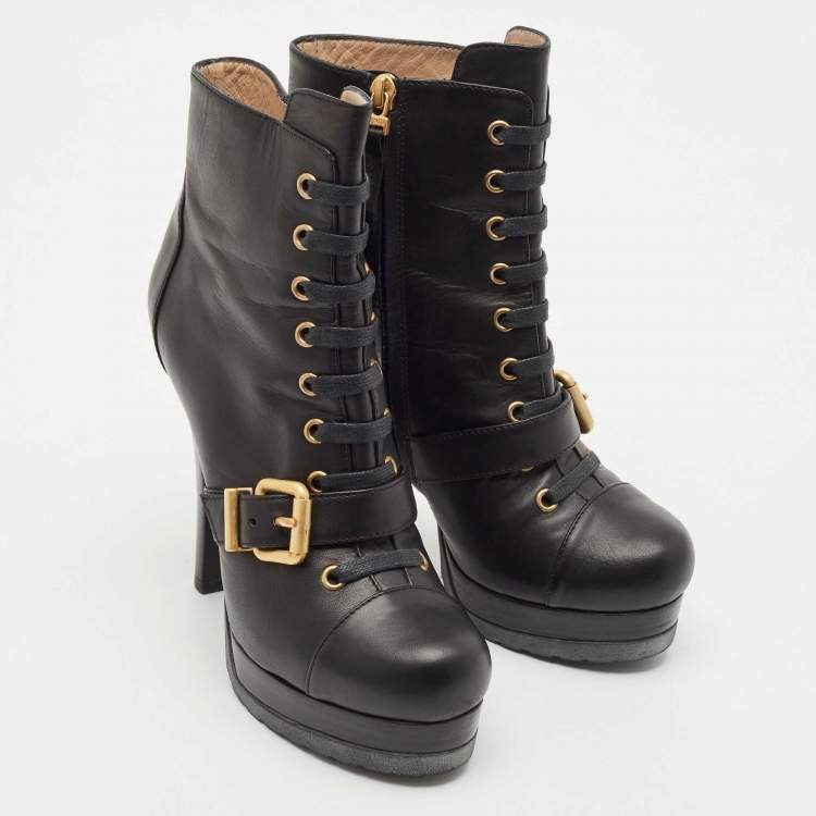 Pre Owned Fendi Black Leather Lace Up Ankle Length Boots Size 36