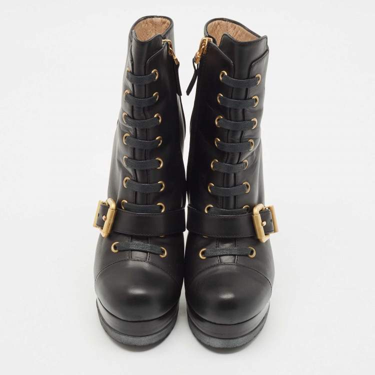 Pre Owned Fendi Black Leather Lace Up Ankle Length Boots Size 36