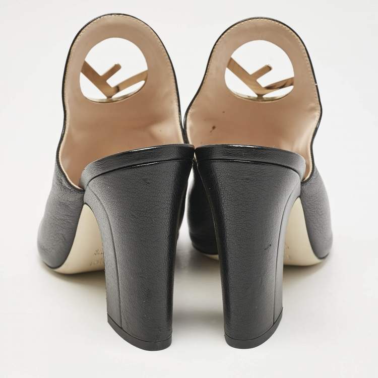 Pre Owned Fendi Black Leather F Logo Mules Size 39.5