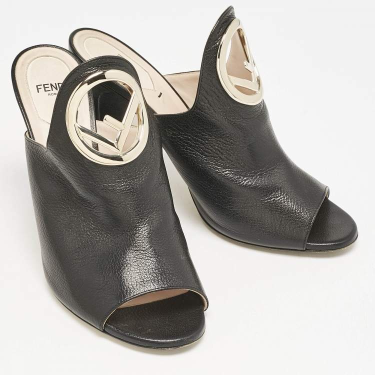 Pre Owned Fendi Black Leather F Logo Mules Size 39.5