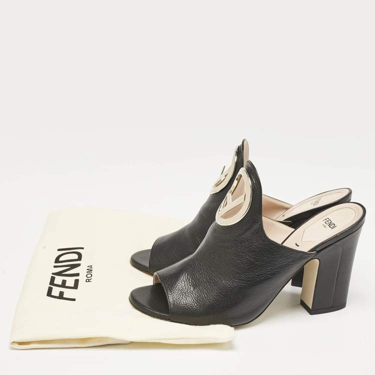 Pre Owned Fendi Black Leather F Logo Mules Size 39.5