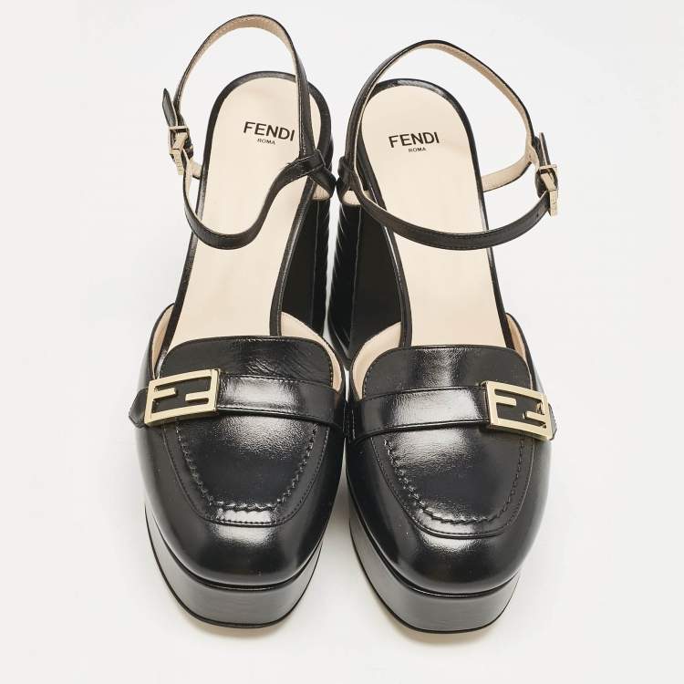 Pre Owned Fendi Black Leather Promenade Platform Sandals Size 37
