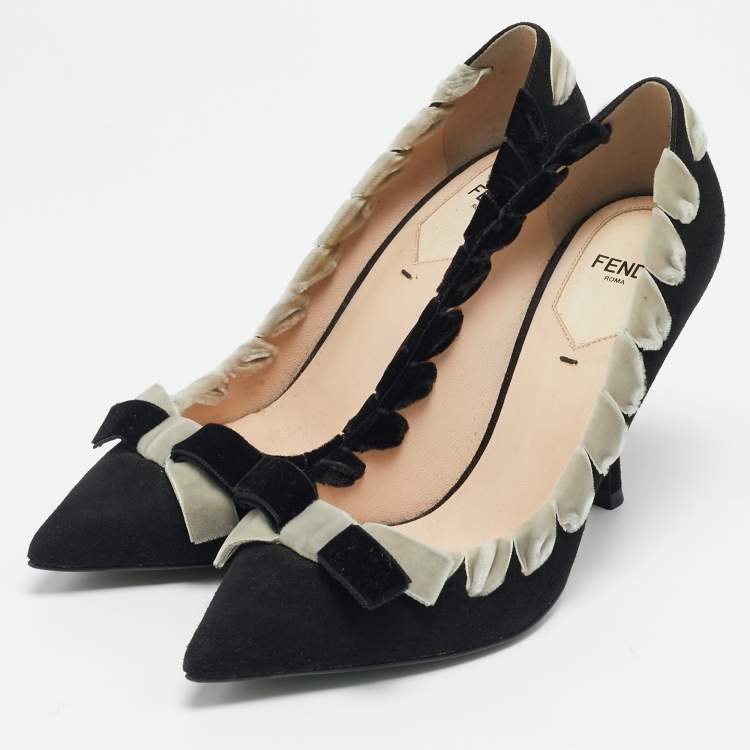 Pre Owned Fendi Black/White Suede Stitched Bow Pumps Size 37