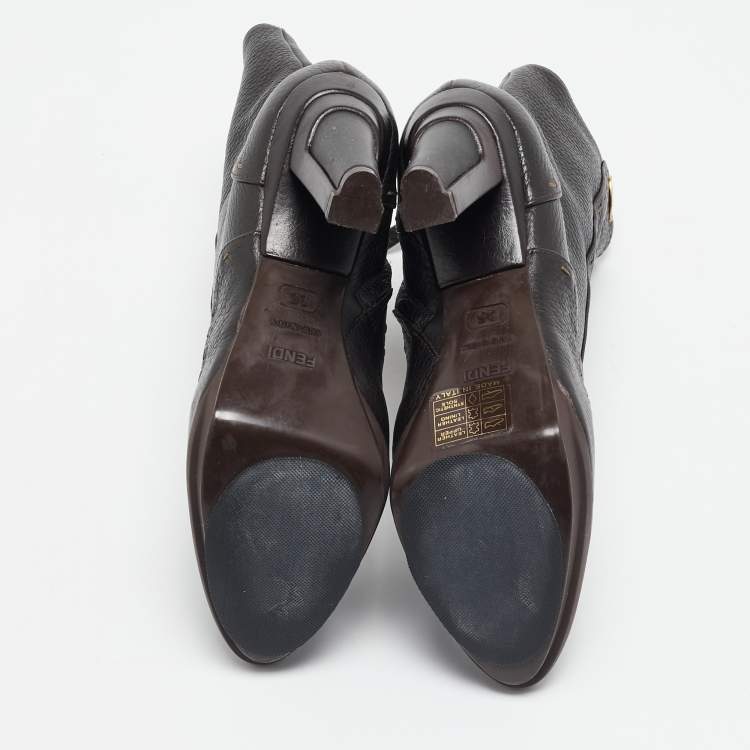 مملوكة مسبقًا Fendi Dark Brown Selleria Leather Zip Ankle Length Boots Size 35
