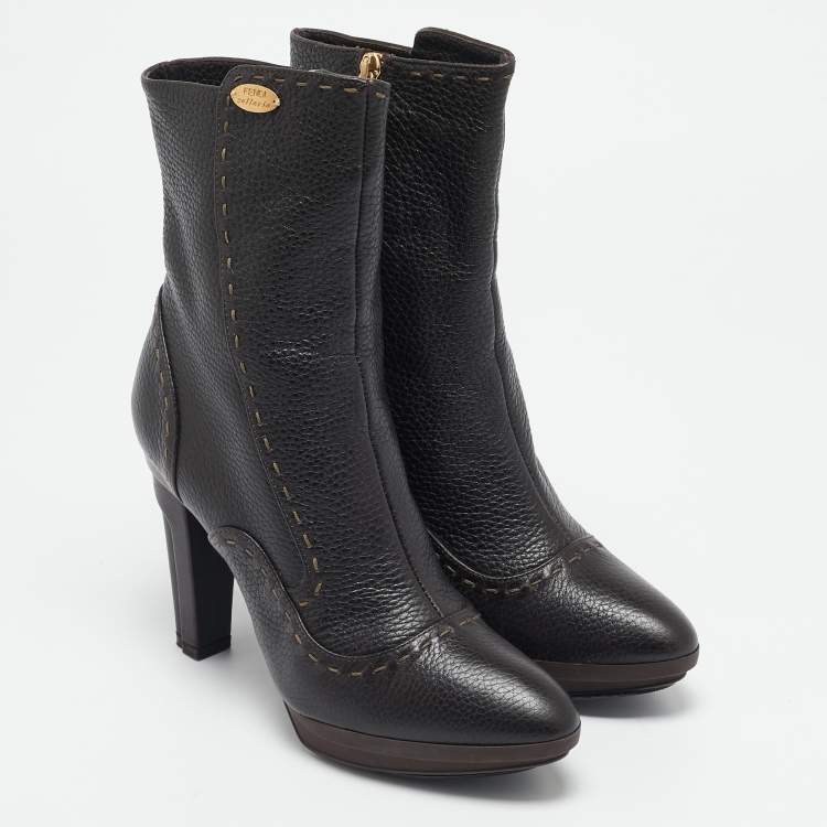 مملوكة مسبقًا Fendi Dark Brown Selleria Leather Zip Ankle Length Boots Size 35