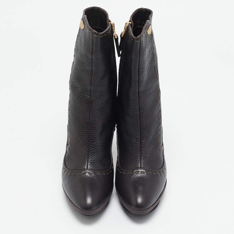 مملوكة مسبقًا Fendi Dark Brown Selleria Leather Zip Ankle Length Boots Size 35