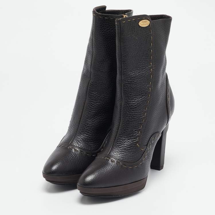 مملوكة مسبقًا Fendi Dark Brown Selleria Leather Zip Ankle Length Boots Size 35