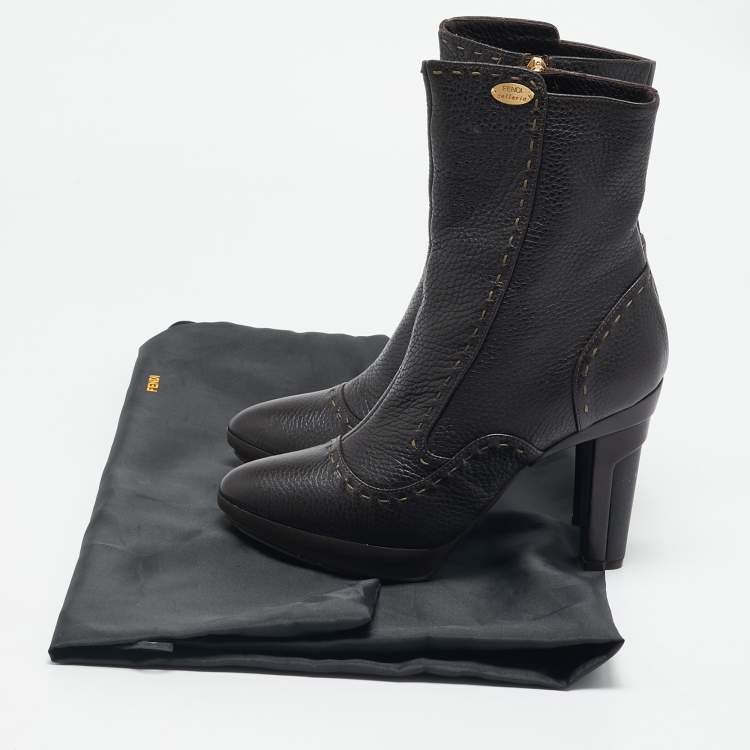 مملوكة مسبقًا Fendi Dark Brown Selleria Leather Zip Ankle Length Boots Size 35
