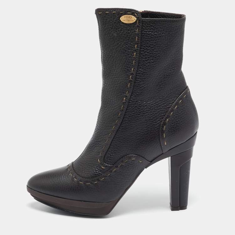مملوكة مسبقًا Fendi Dark Brown Selleria Leather Zip Ankle Length Boots Size 35