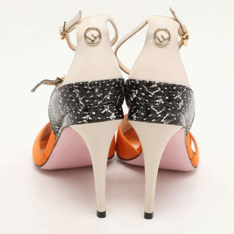 Pre Owned Fendi Multicolor Satin And Python Embossed Leather Criss Cross Ankle Strap Sandals Size 36