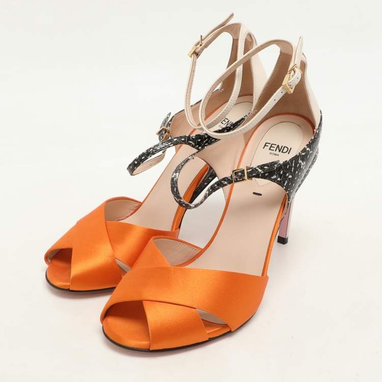Pre Owned Fendi Multicolor Satin And Python Embossed Leather Criss Cross Ankle Strap Sandals Size 36