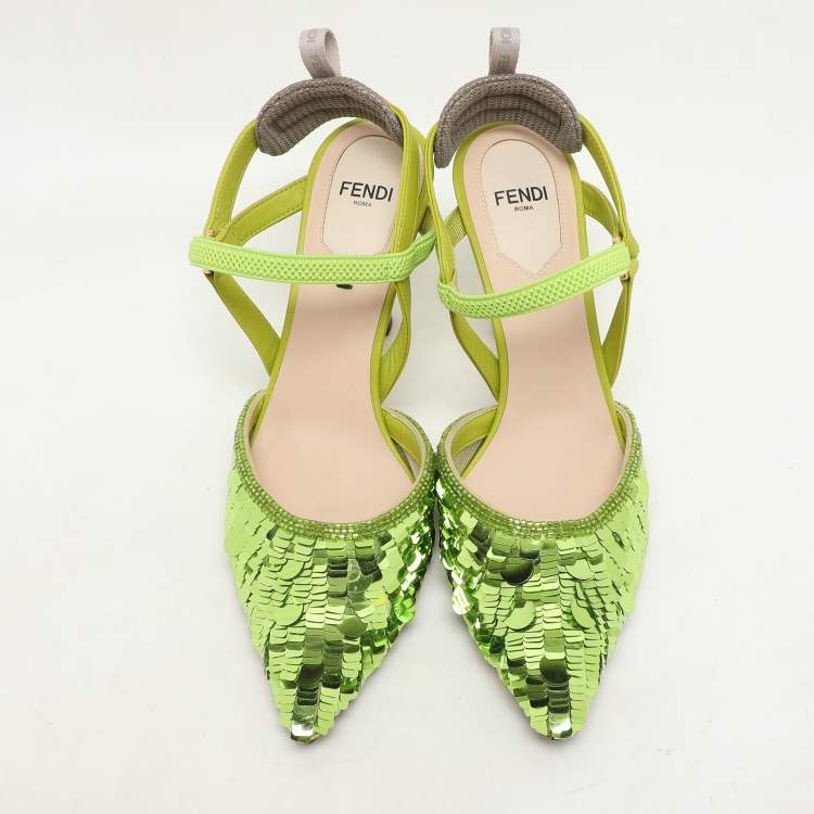 Pre Owned Fendi Green Leather and Sequins Embellished Colibri Lite Pumps Size 36