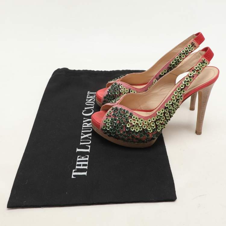 Pre Owned Fendi Pink/Green Mesh Embellished Peep Toe Slingback Pumps Size 36