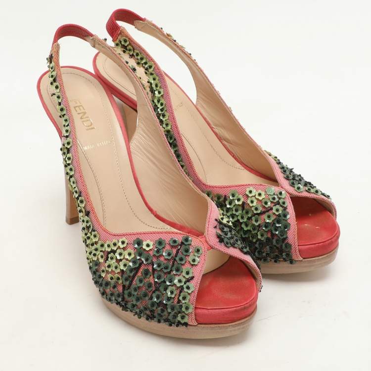 Pre Owned Fendi Pink/Green Mesh Embellished Peep Toe Slingback Pumps Size 36