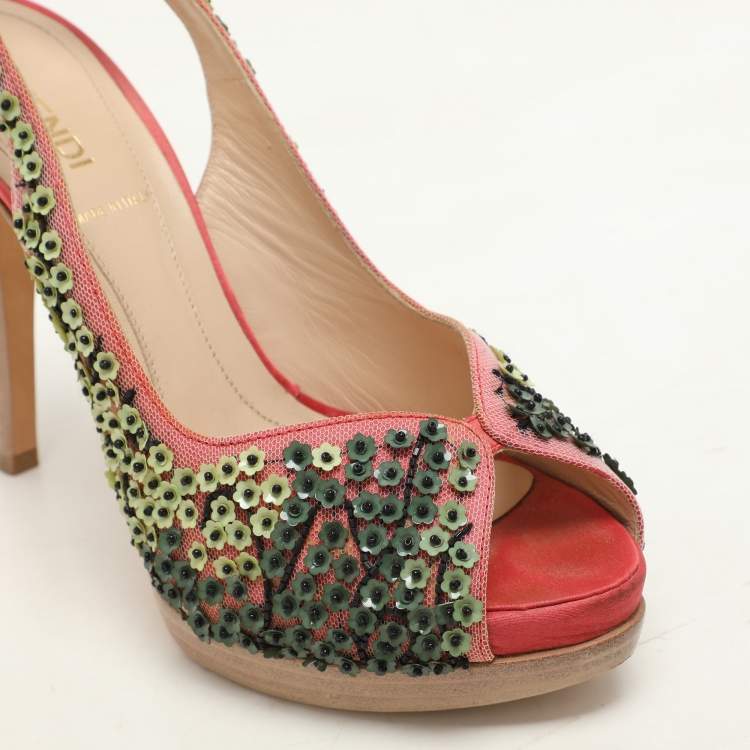 Pre Owned Fendi Pink/Green Mesh Embellished Peep Toe Slingback Pumps Size 36