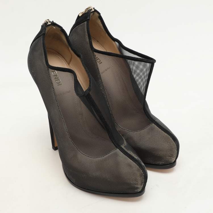 Pre Owned Fendi Black/Beige Mesh and Suede Platform Booties Size 37