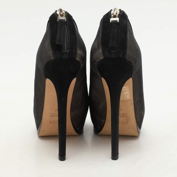 Pre Owned Fendi Black/Beige Mesh and Suede Platform Booties Size 37