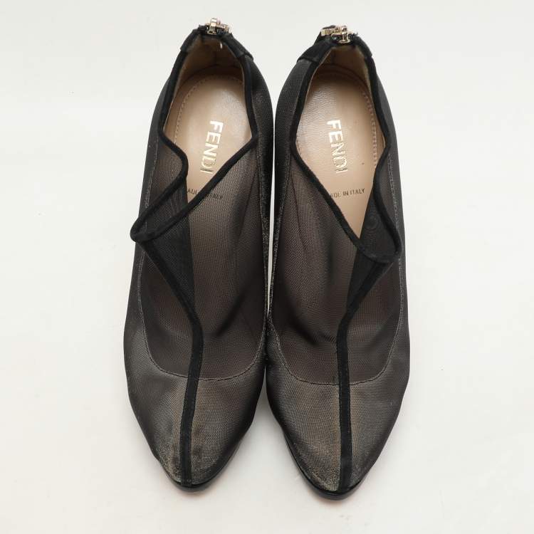 Pre Owned Fendi Black/Beige Mesh and Suede Platform Booties Size 37
