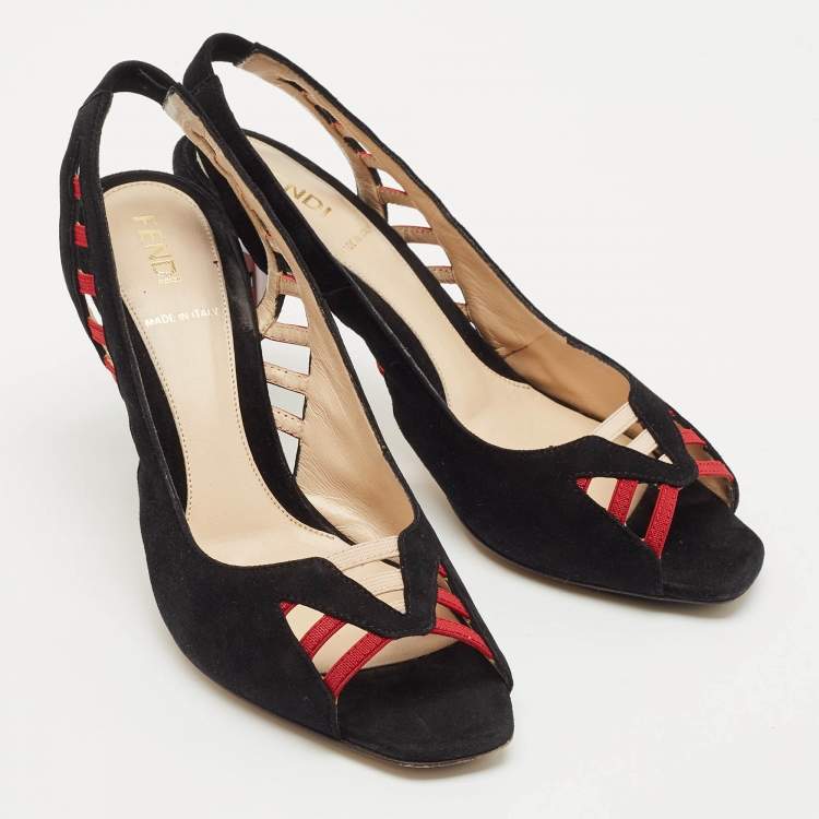Pre Owned Fendi Black/Red Suede and Grosgrain Slingback Sandals Size 36
